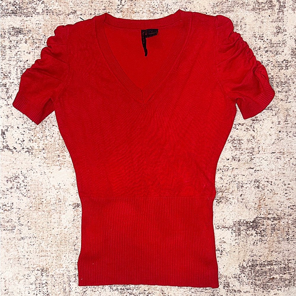 Red V-Neck Short Sleeve Sweater - Women